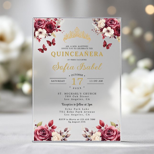 Floral Burgundy Butterfly Princess Quinceanera Acrylic Invitations (Creator Uploaded)