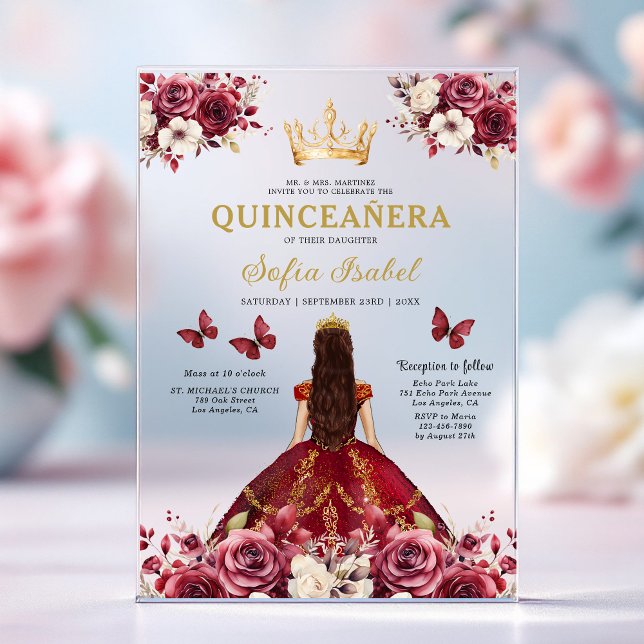 Floral Burgundy Butterfly Princess Quinceanera Acrylic Invitations (Creator Uploaded)