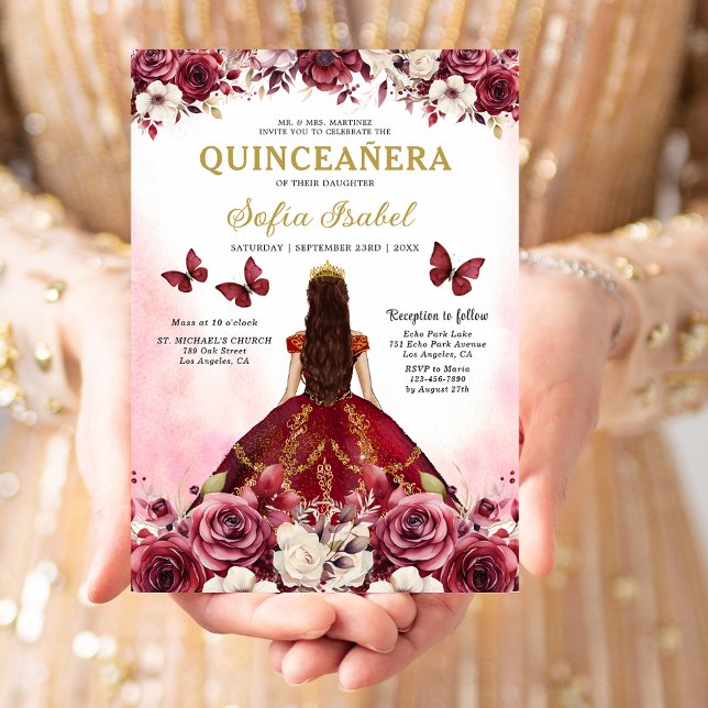 Floral Burgundy Butterfly Princess Quinceanera Invitation (Creator Uploaded)