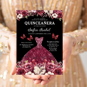 Floral Burgundy Butterfly Princess Quinceanera Invitation