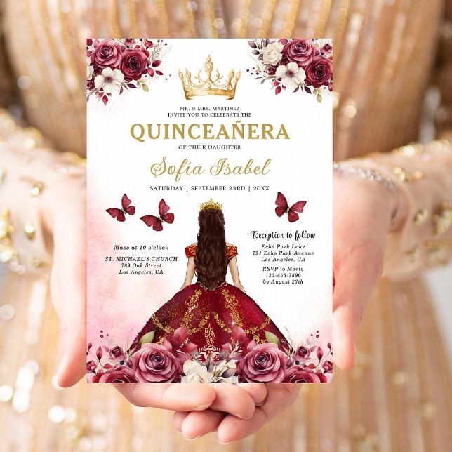 Floral Burgundy Butterfly Princess Quinceanera Invitation (Creator Uploaded)