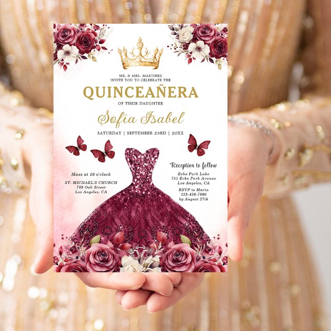 Floral Burgundy Butterfly Princess Quinceanera Invitation (Creator Uploaded)