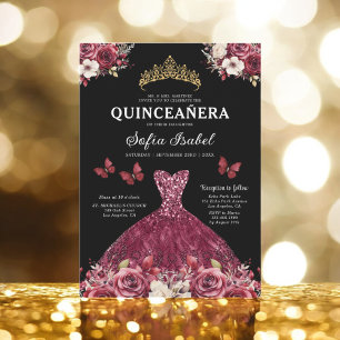 Floral Burgundy Butterfly Princess Quinceanera Invitation