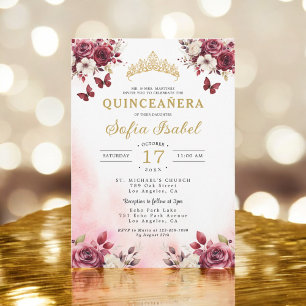 Floral Burgundy Butterfly Princess Quinceanera Invitation