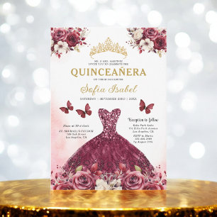 Floral Burgundy Butterfly Princess Quinceanera Invitation