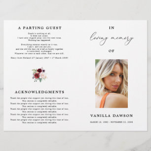 Floral Burgundy Celebration Of Life Program