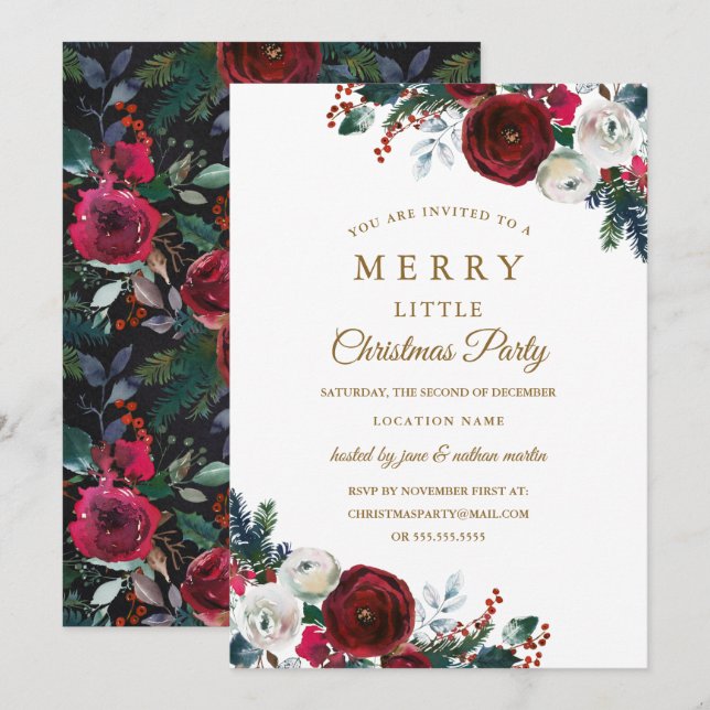 Floral Burgundy Christmas Party Invitation (Front/Back)