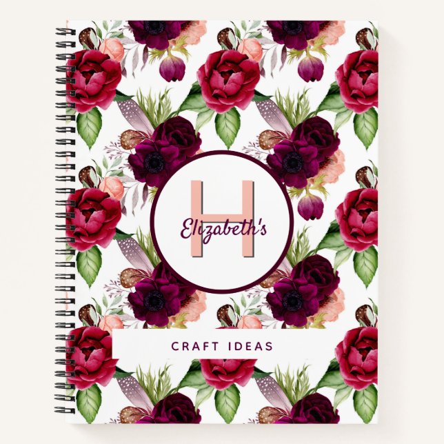 Floral burgundy craft ideas sketch notebook (Front)