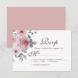 Floral Burgundy Dusty Pink Rose Wedding RSVP  Card