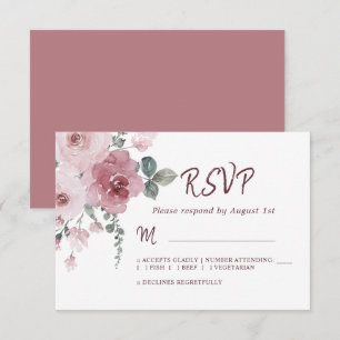 Floral Burgundy Dusty Pink Rose Wedding RSVP  Card