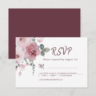 Floral Burgundy Dusty Pink Rose Wedding RSVP  Card