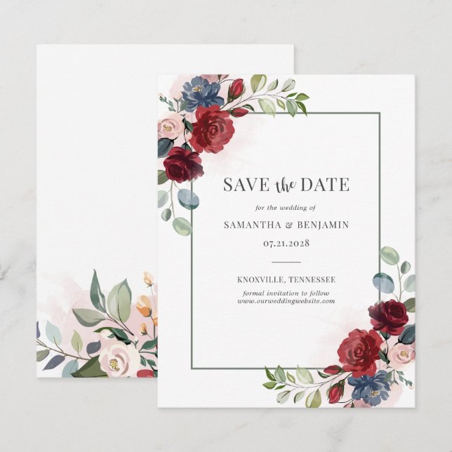 Floral Burgundy Eucalyptus Wedding Save the Date (Front/Back)