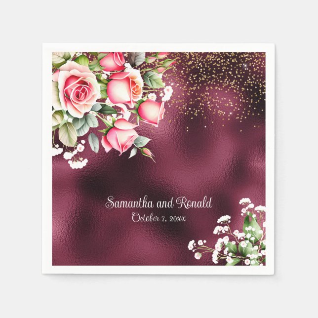 Floral Burgundy Foil and Gold Glitter Wedding Napkin (Front)