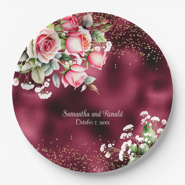 Floral Burgundy Foil and Gold Glitter Wedding Paper Plate (Front)