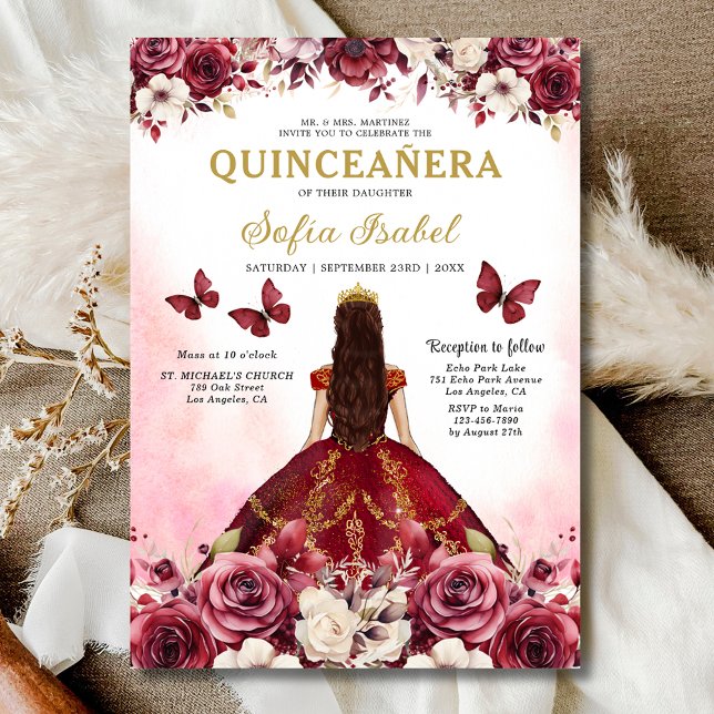 Floral Burgundy Gold Bilingual Spanish Quinceanera Invitation (Creator Uploaded)