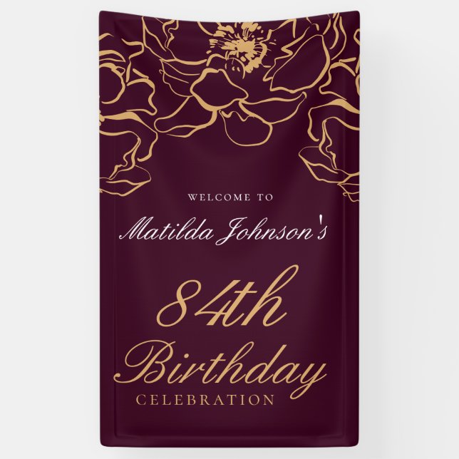 Floral Burgundy Gold Birthday Party Welcome Banner (Vertical)