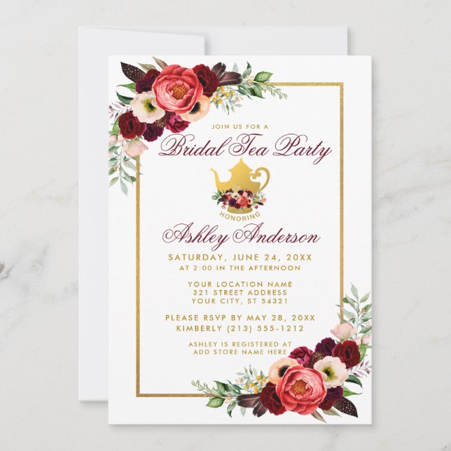Floral Burgundy Gold Boho Bridal Shower Tea Party Invitation (Front)