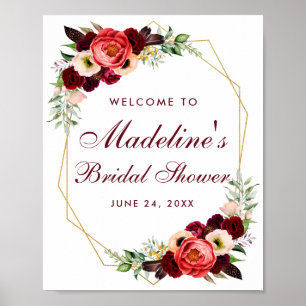 Floral Burgundy Gold Boho Bridal Shower Welcome Poster