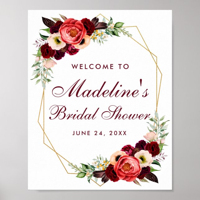 Floral Burgundy Gold Boho Bridal Shower Welcome Poster (Front)