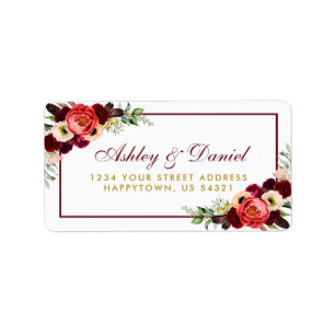 Floral Burgundy Gold Boho Wedding Address Label