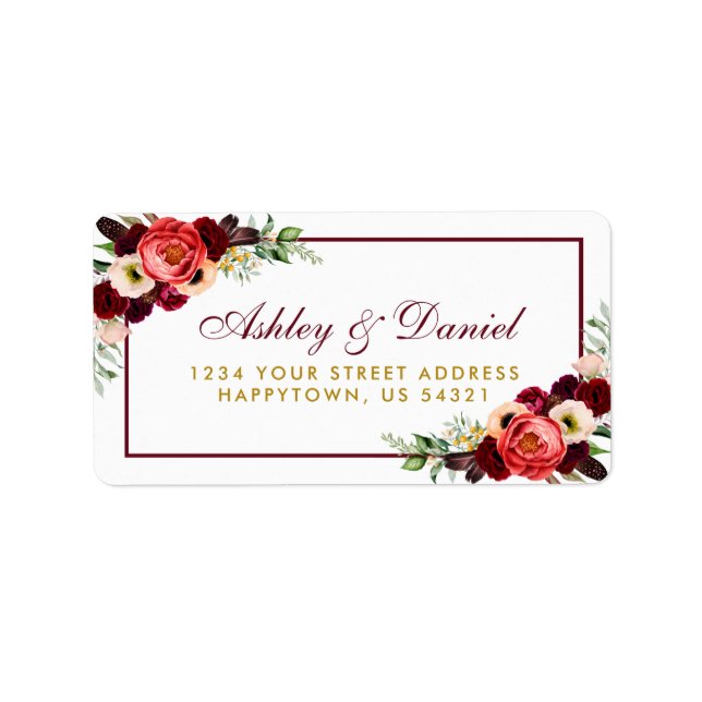 Floral Burgundy Gold Boho Wedding Address Label (Front)