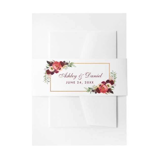Floral Burgundy Gold Boho Wedding Invitation Belly Band (Front Example)