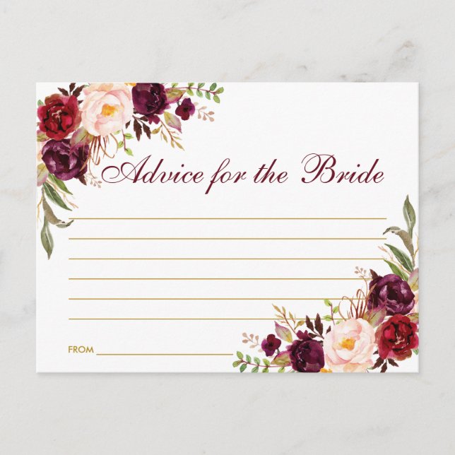 Floral Burgundy Gold Bridal Shower Advice Card B (Front)