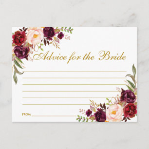 Floral Burgundy Gold Bridal Shower Advice Card L