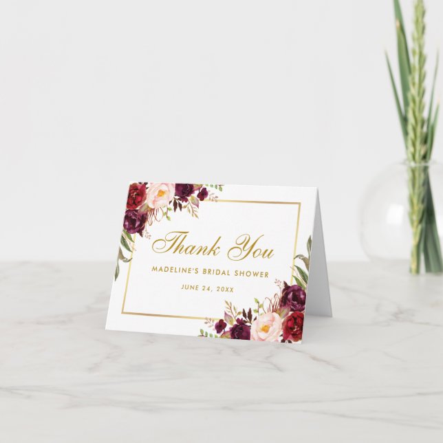 Floral Burgundy Gold Bridal Shower Thanks Note Thank You Card (Front)