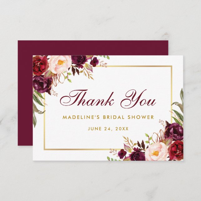 Floral Burgundy Gold Bridal Shower Thanks SB Invitation (Front/Back)