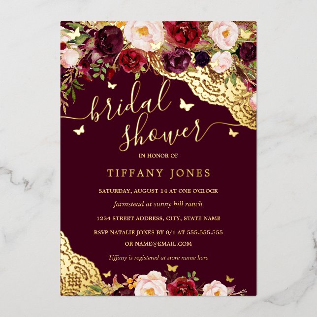 Floral Burgundy Gold Butterfly Lace Bridal Shower  (Front)