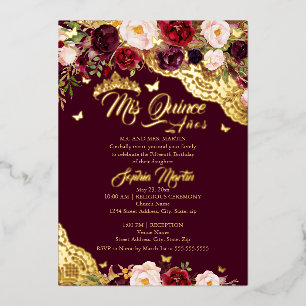 Floral Burgundy Gold Butterfly Lace Quinceanera