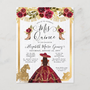Floral Burgundy Gold Charra Princess Quinceanera Invitation Postcard