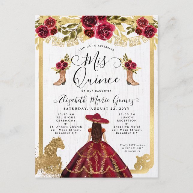 Floral Burgundy Gold Charra Princess Quinceanera Invitation Postcard (Front)
