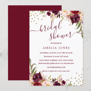 Floral Burgundy Gold Confetti Bridal Shower Invitation