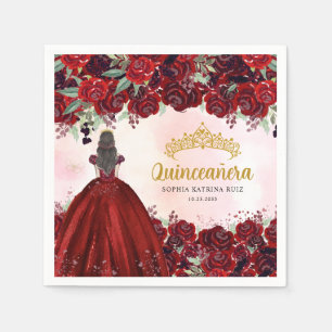 Floral Burgundy Gold Dress Princess Quinceanera Napkin