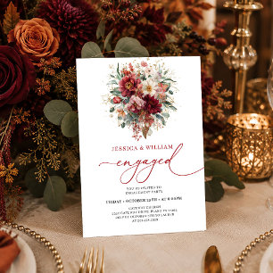 Floral Burgundy Gold Eucalyptus Autumn engagement  Invitation