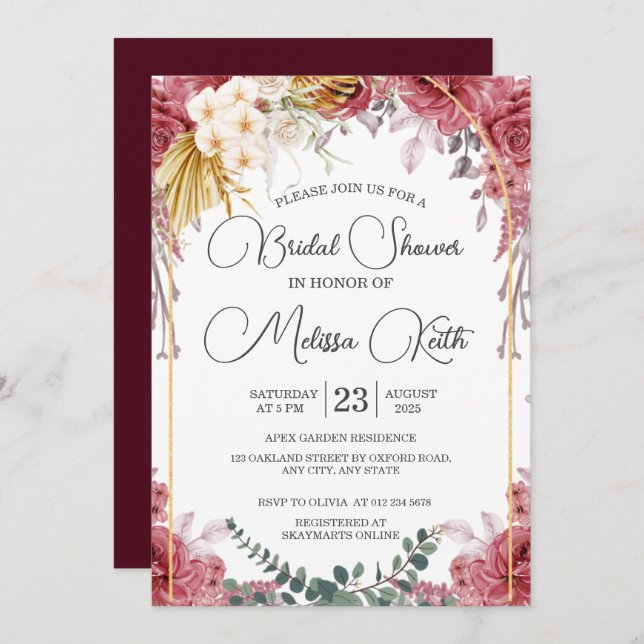 Floral Burgundy Gold Eucalyptus Bridal Shower Invitation (Front/Back)