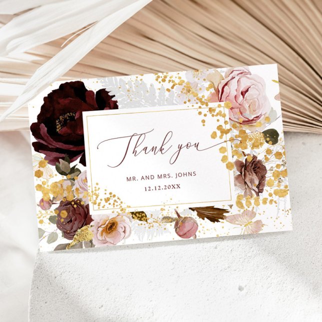 Floral burgundy gold fall wedding thank you card (Creator Uploaded)