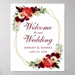 Floral Burgundy Gold Frame Boho Wedding Welcome Poster