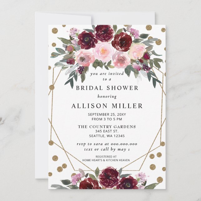 Floral Burgundy Gold Geometric Bridal Shower Invitation (Front)