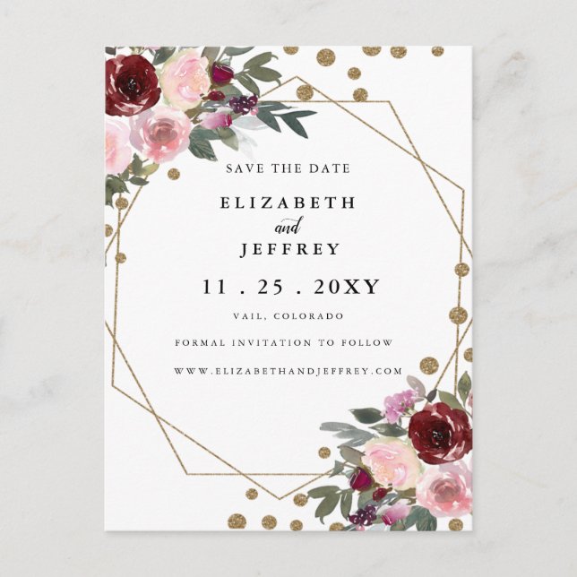 Floral Burgundy Gold Geometric Save The Date  Announcement Postcard (Front)