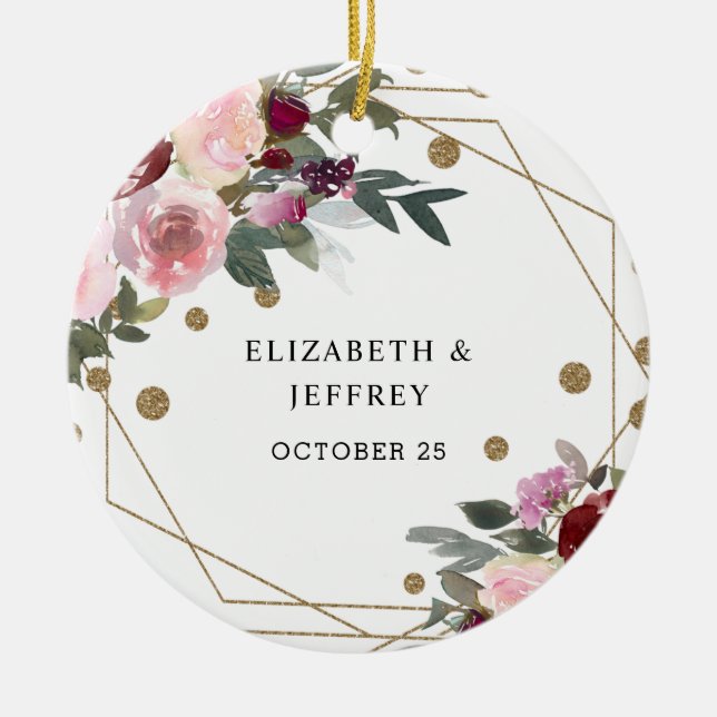 Floral Burgundy Gold Glitter Geometric Wedding  Ceramic Tree Decoration (Front)