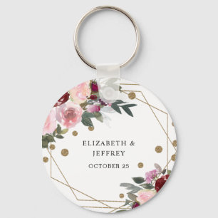 Floral Burgundy Gold Glitter Geometric Wedding Key Key Ring