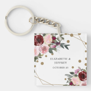Floral Burgundy Gold Glitter Geometric Wedding Key Ring