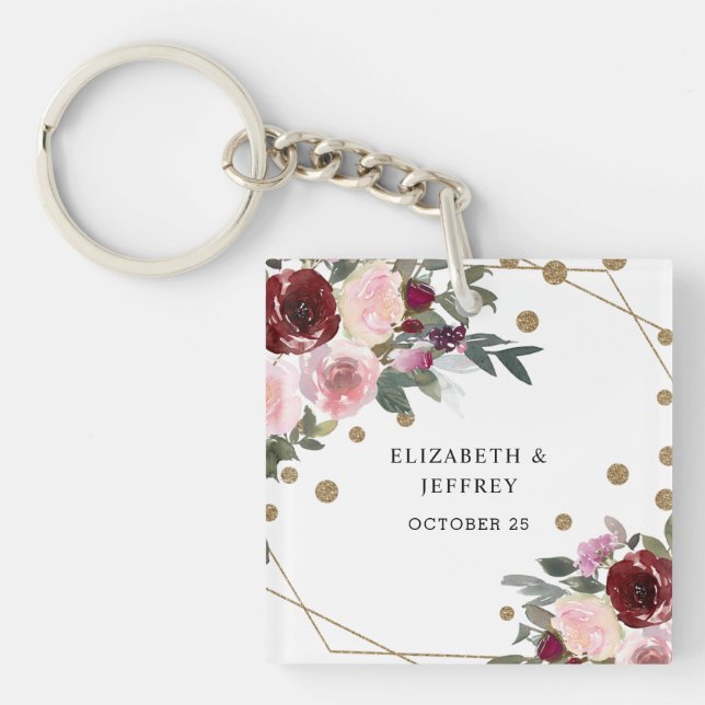 Floral Burgundy Gold Glitter Geometric Wedding Key Ring (Front)