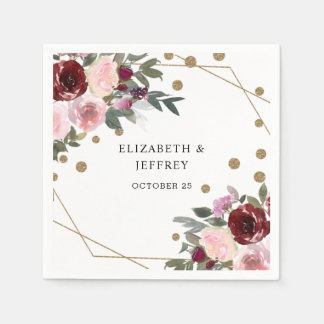 Floral Burgundy Gold Glitter Geometric Wedding Napkin