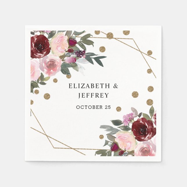 Floral Burgundy Gold Glitter Geometric Wedding  Napkin (Front)
