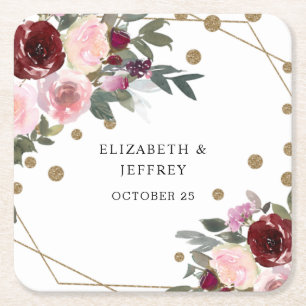 Floral Burgundy Gold Glitter Geometric Wedding  Square Paper Coaster