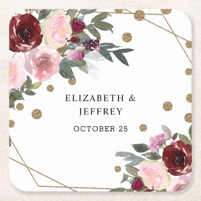 Floral Burgundy Gold Glitter Geometric Wedding  Square Paper Coaster (Front)